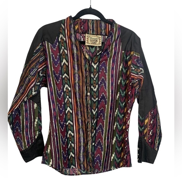 Vintage 80s Rodeo Wrangler Silver Lake Western Aztec Button Down Shirt - Picture 2 of 9